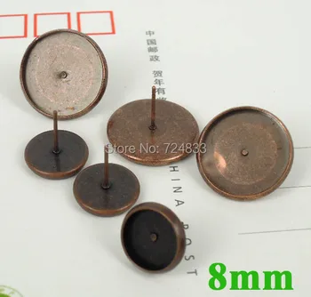 

8mm Vintage Antique Copper Plated Blank Earrings Bases Round Bezel Tray Stud Earrings post Settings Diy Findings Wholesale
