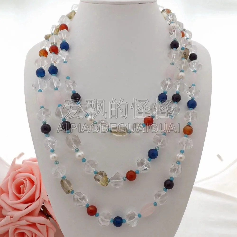 Women's 75&quot White Crystal Gems Stone Pearl Necklace | Украшения и аксессуары