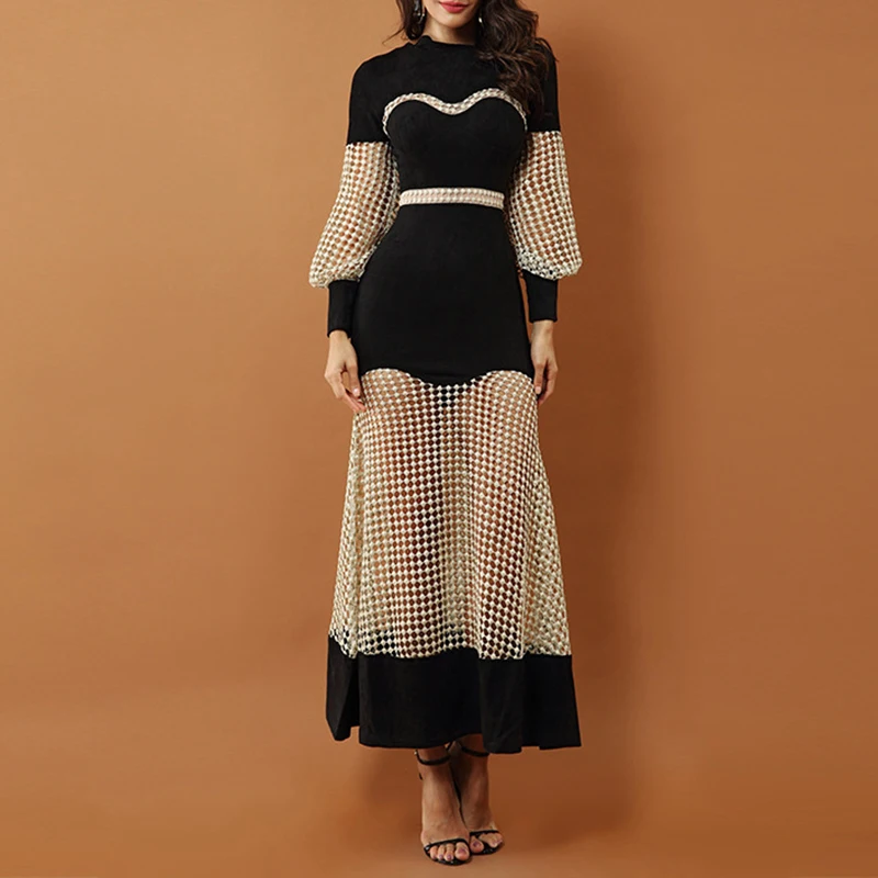 

Spring contrast Color Fashion Hollow Out Women Dresses Full Lantern Sleeves High-Qiality Slim Lady Mermaid Long Dress Clothes
