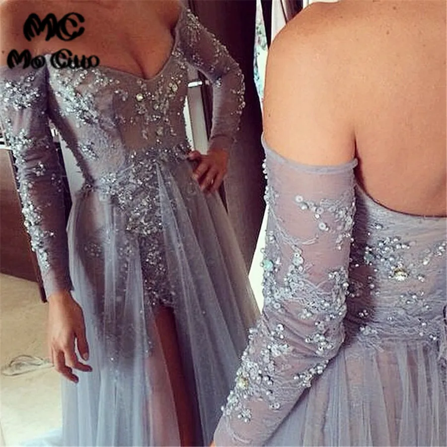 

Promotion 2018 Asymmetrical Hi Lo Evening Gown Off shoulder Full sleeve Beads Front Split Long Party Evening dress for women