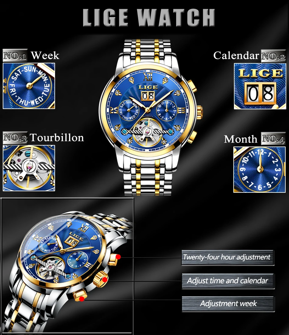LIGE Men luxury Automatic Mechanical Watch Classic Business Watch Men Tourbillon Waterproof Men Wristwatch Relogio Masculino+Box