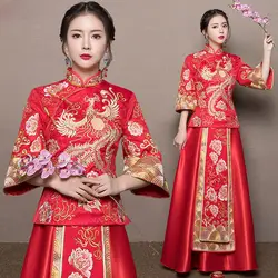 Красная невеста cheongsam Винтаж китайский стиль свадебное вечернее платье одежда с вышивкой Феникс Qipao костюм Vestidos Размеры S-XXL