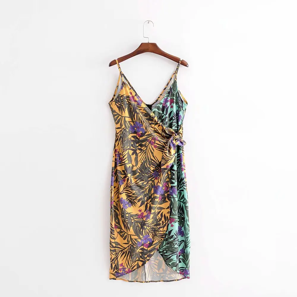 

2018 women holiday wind color mathicng printing slimming sling dress ladies vestidos bow tied wrapped bohemian dresses DS924