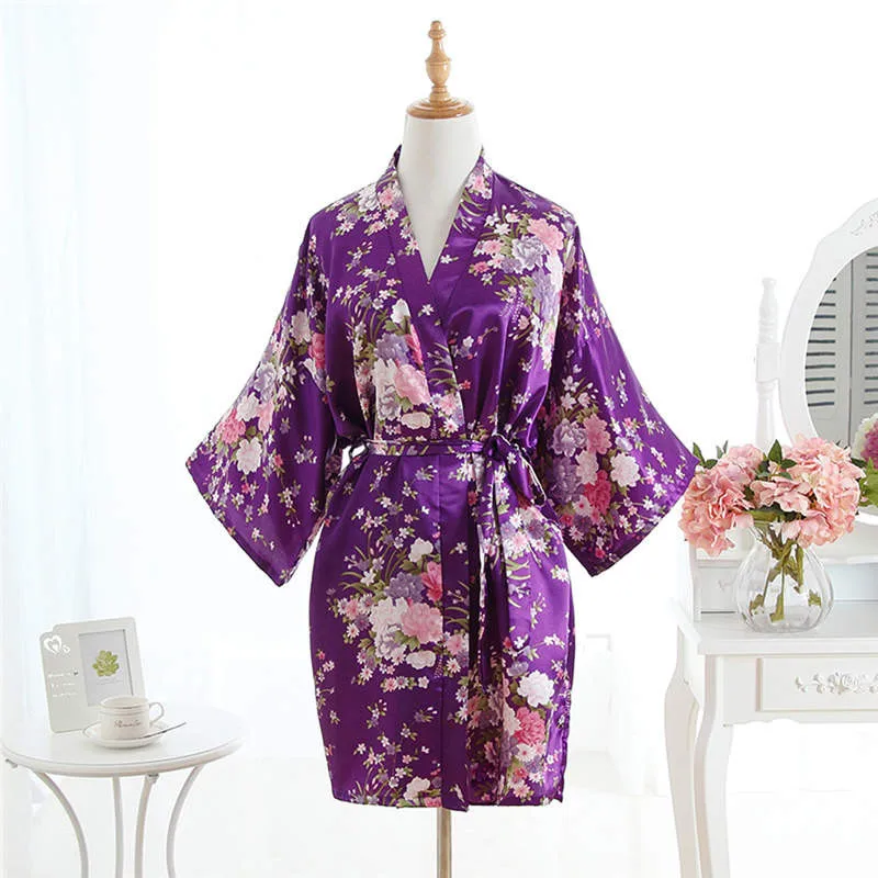 Women Silk Satin Cherry Blossom Kimono Wedding Bride Bridesmaid Robe