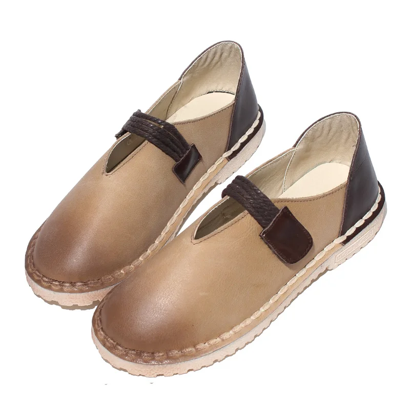 Confortable Beige vert Occasionnels Véritable Ronde Chaussures Main Littéraire Rétro Cuir Femmes En Plat Tête Fond Poupée Mou Belle Unique marron pwTK6xHKfq