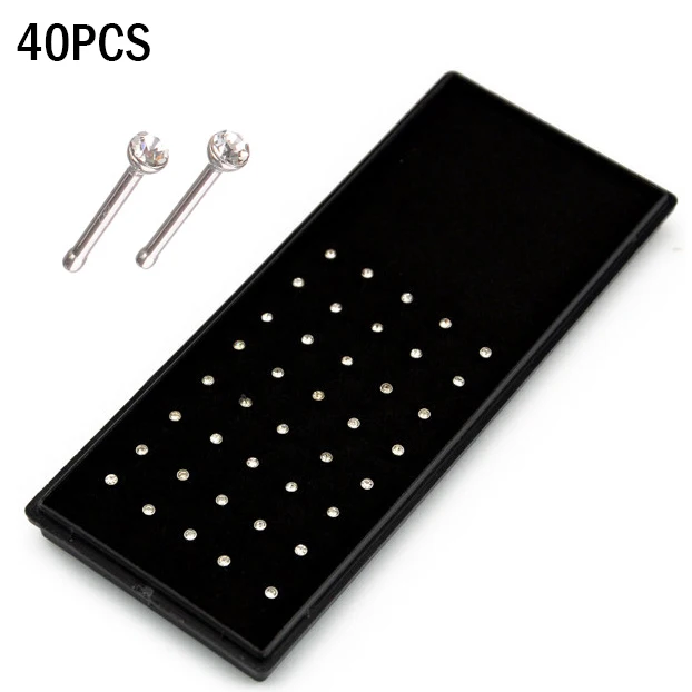 40PCS Silver 1 упаковка 60/40 шт кристалл горного хрусталя основная кости прямо гвоздик Пронзительный нос кольцо 2 цвета Лидер продаж - Окраска металла: 40PCS Silver