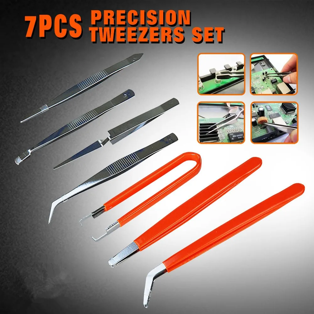 SEDY-7pcs-set-Series-repair-tool-Anti-static-Black-Color-Stainless-steel-tweezers-Set