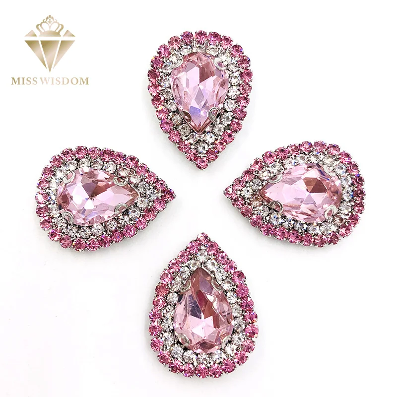 

10X14mm Pink glass stass Double row chain Surrounding teardrop sew on rhinestones crystal buckle Diy jewelry accessories