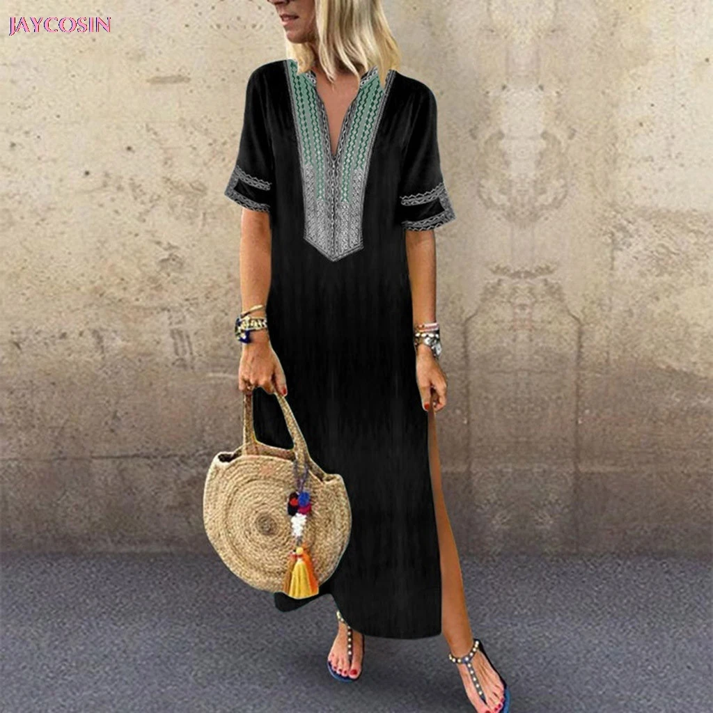 2020 Dress S- XXXXXL Size Women's Printed Long Sleeve V-neck Split Maxi Hem Baggy Kaftan Lover Gift Drop #0409 | Женская одежда