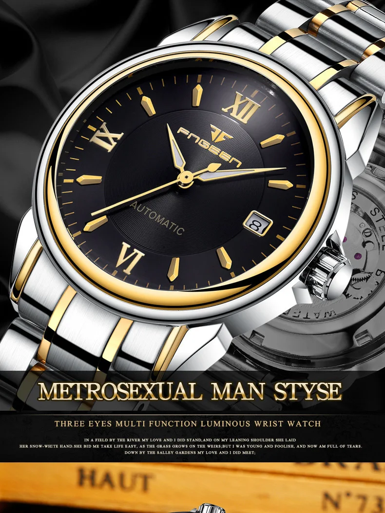 FNGEEN полный автоматические часы мужские Золото деловые часы водостойкие светящиеся стрелки с датой календари montre automatique homme