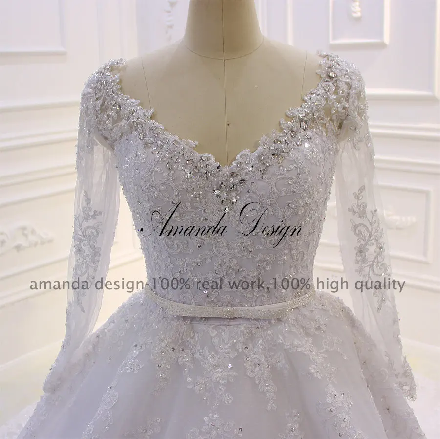 Аманда дизайн hochzeit с длинным рукавом кружево Аппликация со стразами кристалл белый свадебное платье