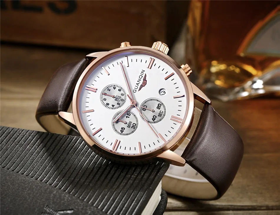 GUANQIN Quartz Watch Mens Watches Top Brand Luxury Chronograph Clock Men Sport Waterproof Leather Wristwatch relogio masculino