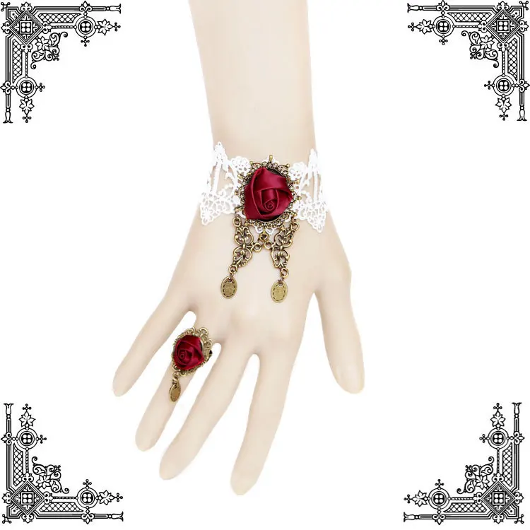 

Fashion Bohemia Italy White Lace Charm Bracelet Bangle for Women Wedding Accessories Craft Rose Bracelets Ring Set 2015 WS-245