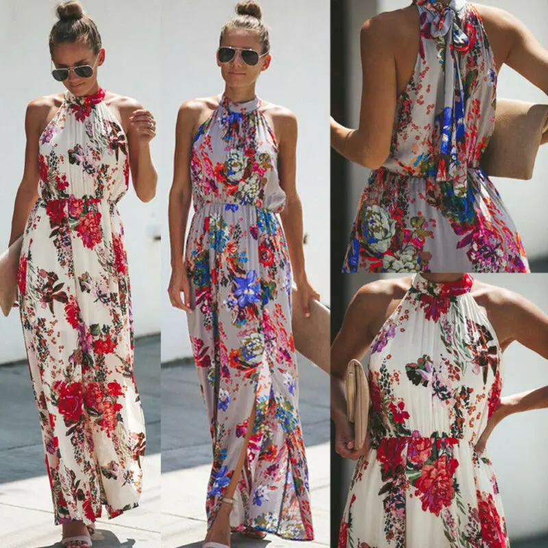 Модные женские вечерние Вечерние Платья с цветочным принтом платье лямкой на шее