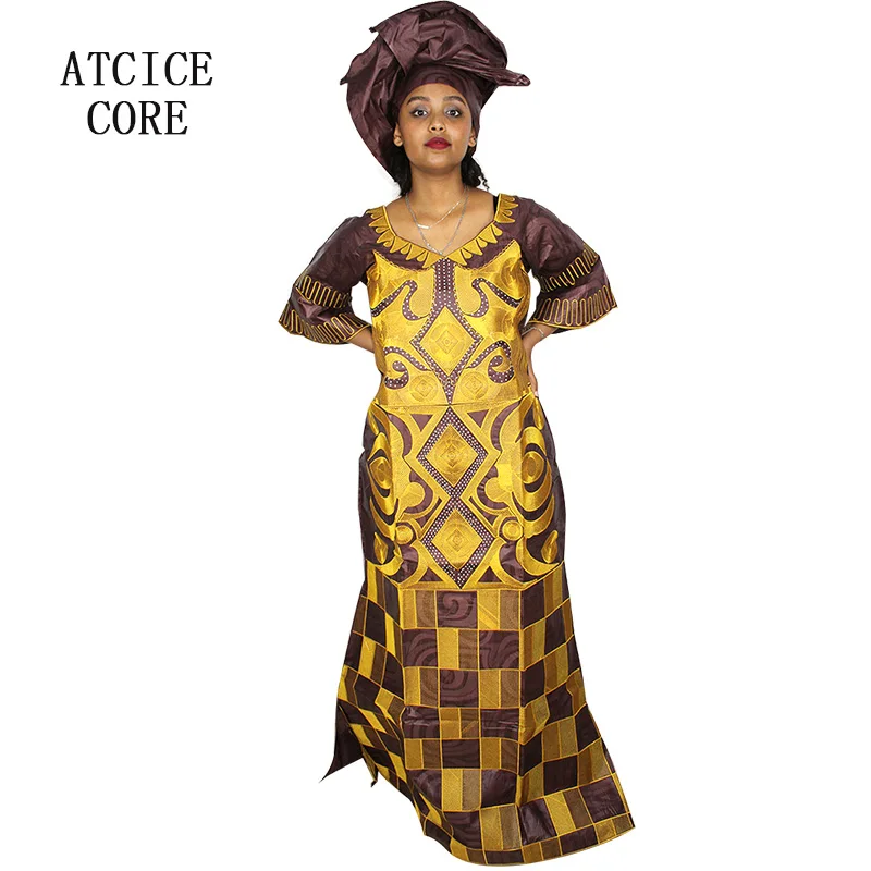 African Dresses For Woman Bazin Riche Computer Emboridery Plus Size Long Dress With Scarf A023 african robe