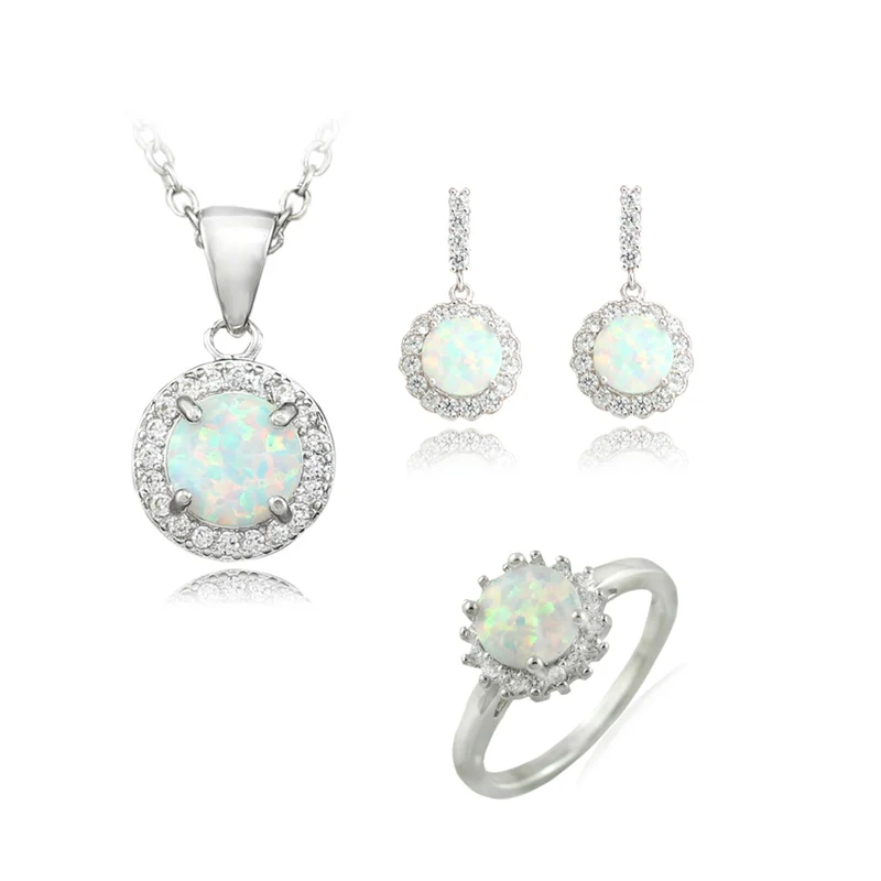 

HAIMIS Noble White Fire Opal Jewelry Sets Necklace Pendant Earring Ring For Women Bridal Sets Free Gift Box TZR863
