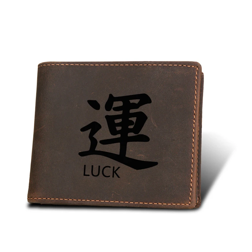 

Japanese kanji for luck Small Wallets Men Purse Bag Multi Card Holders Genuine Leather Custom Name Zip Pocket Wallets for Men