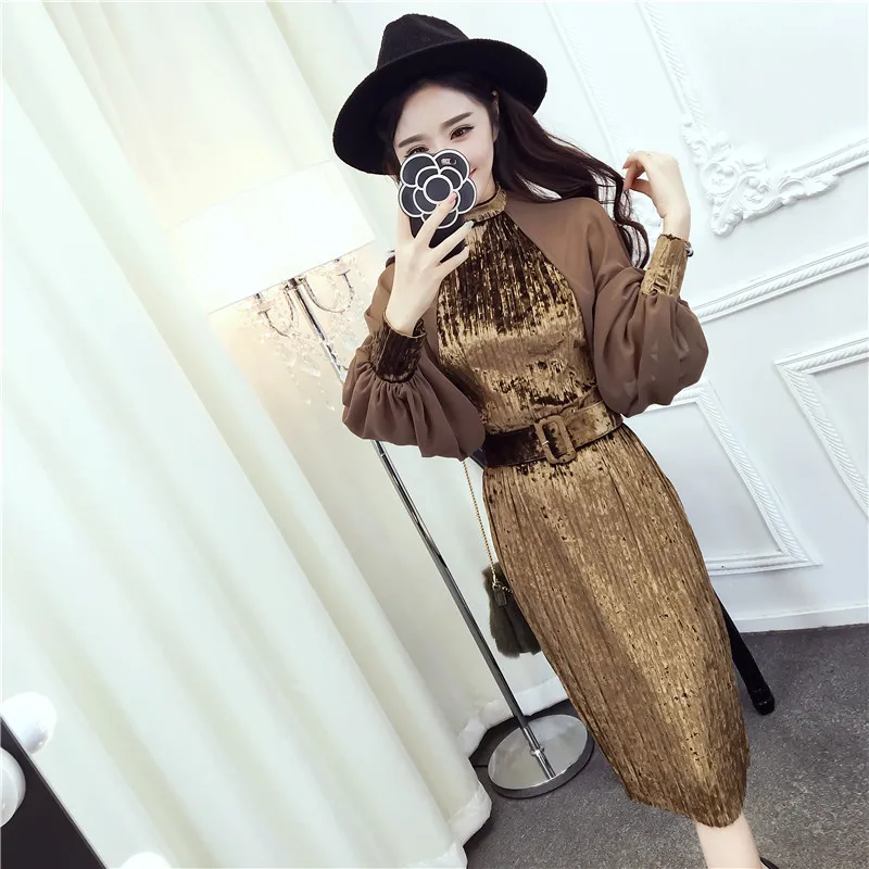 New Autumn Dress Brand Fashion Runway Designer Velvet dress chiffon lanterns sleeve gold velvet dress