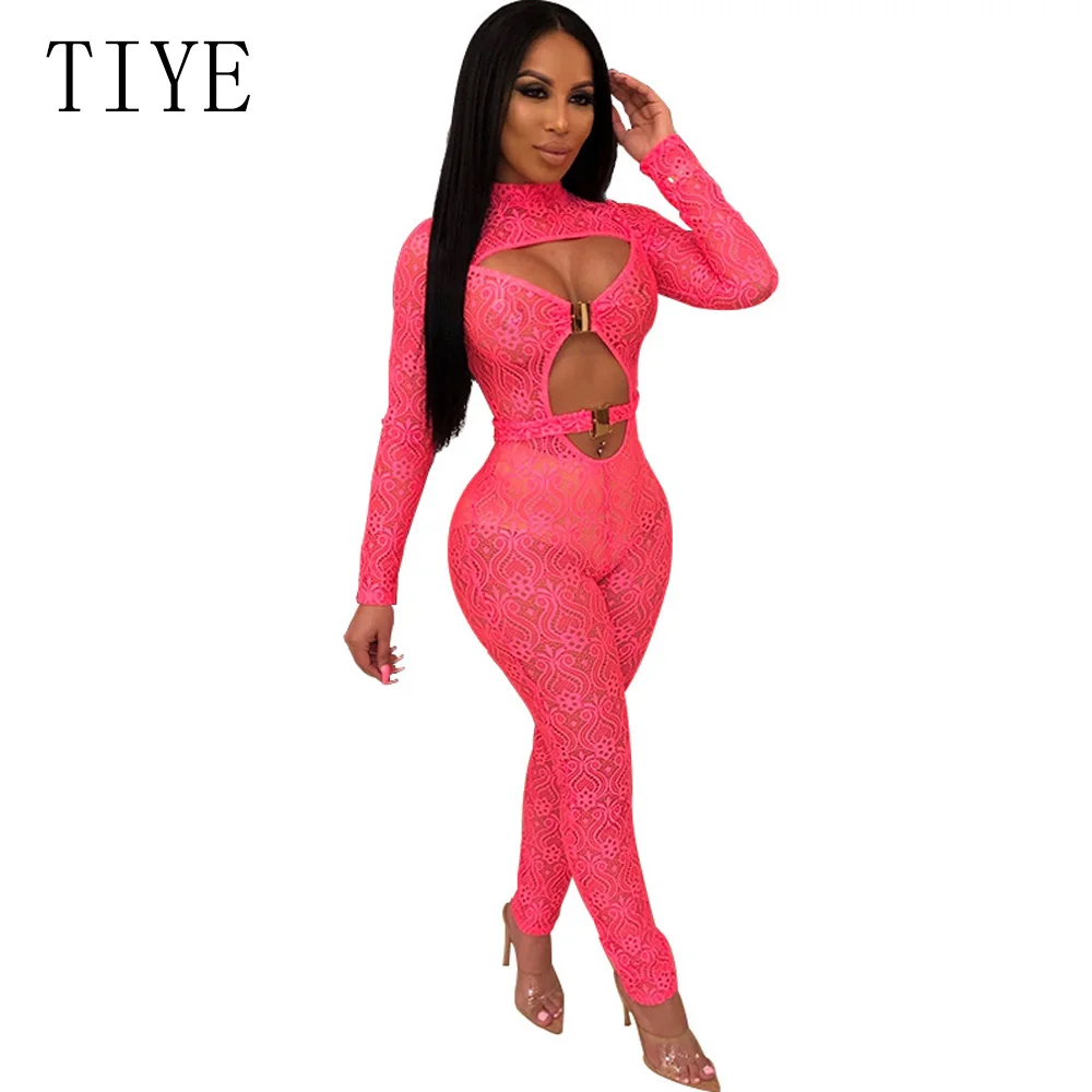 

TIYE Sheer Long Sleeve Black Lace Jumpsuit Women Sexy See Through Hollow Out Bodycon Long Pants Romper Club Wear Party Overalls