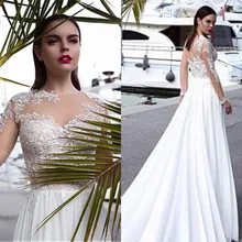 Элегантные шифоновые Свадебные платья трапециевидной формы с украшением в виде жемчужин, кружевные аппликации с длинным рукавом, свадебные платья с разрезом, Иллюзия Vestidos de novia