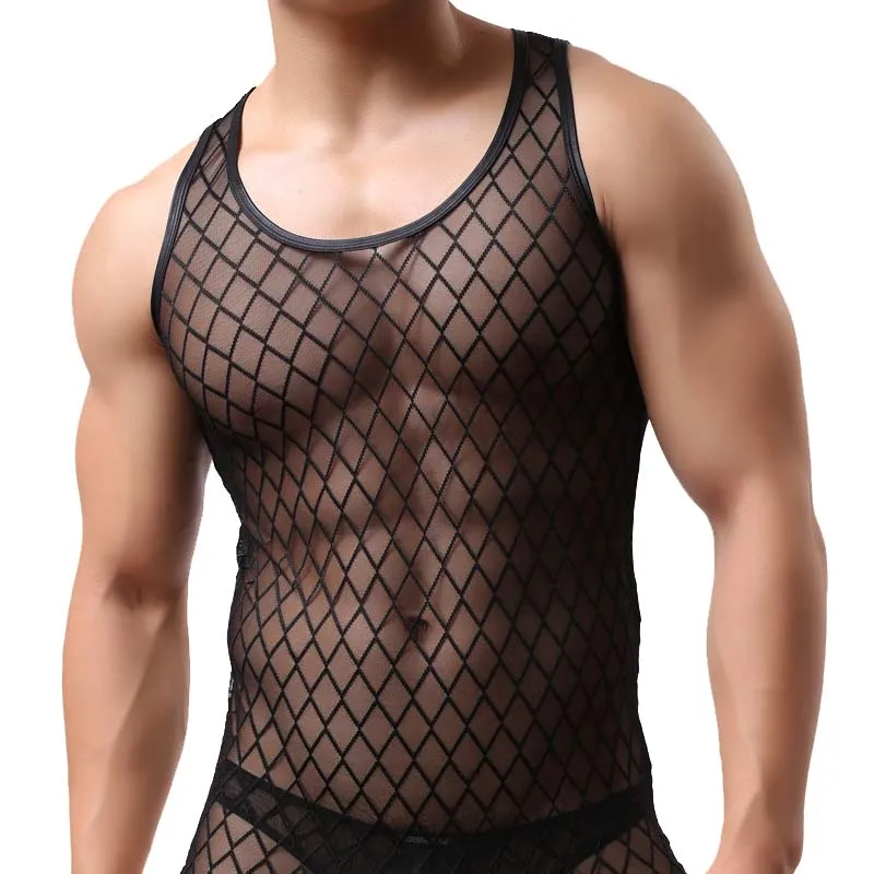 Fashion Nylon Man Sexy Underwear See Through Sleeveless Tank Tops Gay Funny Sheer