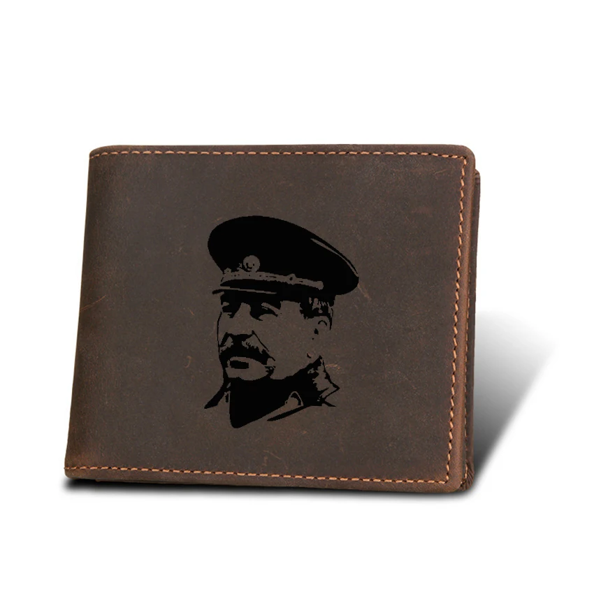 

Engraved Picture USSR Stalin in Uniform Men Short Wallet Multi Card Holders Genuine Leather Small Purse Zip Cowhide Wallet Men