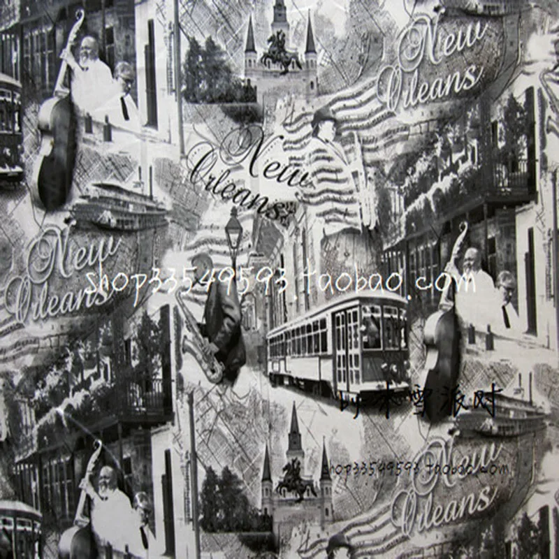 

140cm Wide Grey Tone. Saxophone Music City Printed Cotton Fabric Musical Note Fabric Sewing Material DIY Home Cloth Clothing