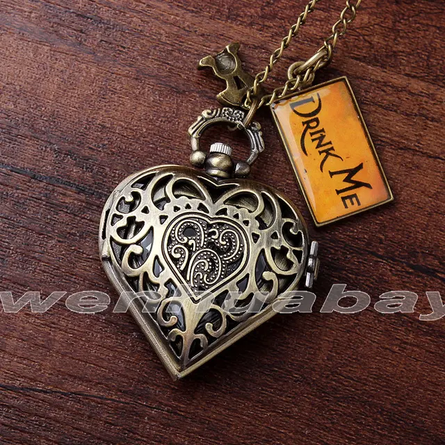 Fashion Bronze Heart Shape Hollow Case Drink Me Alice In Wonderland Pocket Watch Fashion Bronze Heart Shape Hollow Case Drink Me Alice In Wonderland Pocket Watch