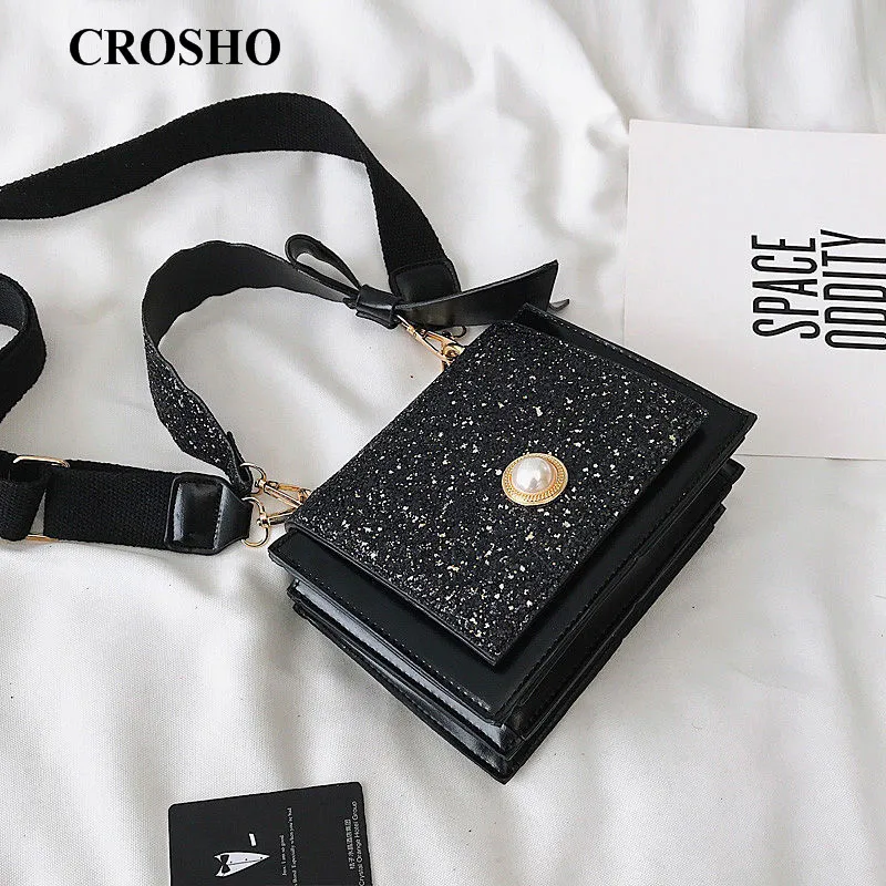 

CROSHO New Ins Sequined Wide Shoulder Strap Cross Shoulder Bag Korean Bow Hand Bill of Lading Shoulder Bag