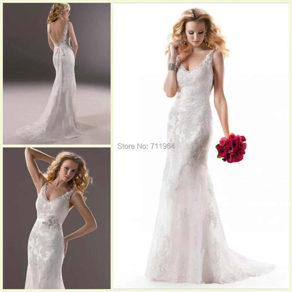 Top Best Quality White V-neck High Alencon Spaghetti Strap Sweep Train Open Back Lace Wedding Dresses 2014 Bridal | Свадьбы и