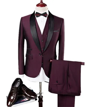 

High Quality Burgundy Custom Made Men Wedding Suits Male Slim Fit 3 PCs Jacket+Pants+Vest For Wedding Groom Prom Party Tuxedos