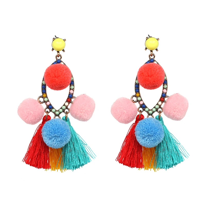

New Arrival Vintage Statement Jewelry Pom Pom Tassel Drops Earring Bohemia Style Earrings For Holiday Women Wholesale 50201