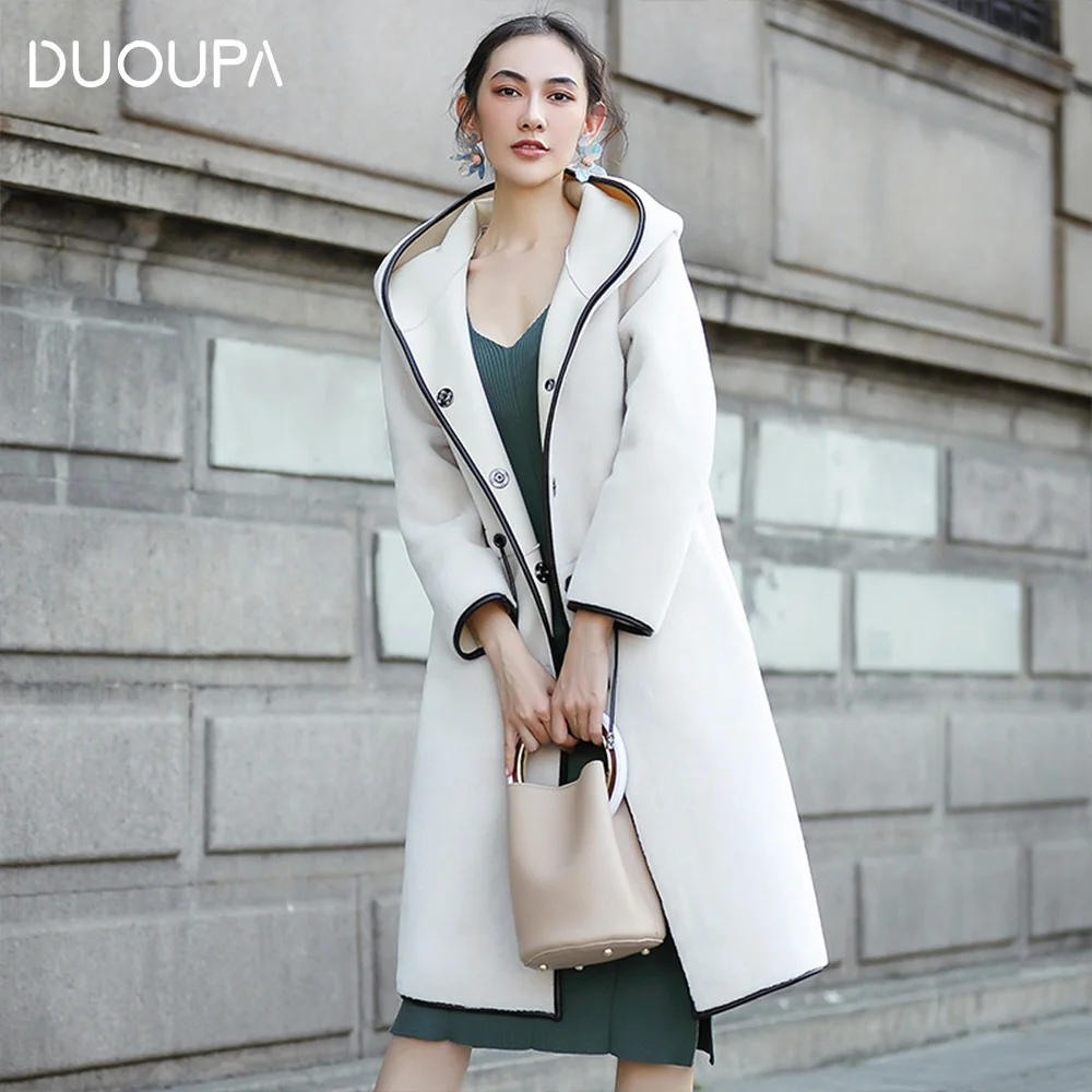 Duoupa Real Fur Coat Sheep Shearing Fur Lamb Fur Coats 2018 Winter Coat Women Wool Jacket Hooded Tops PU Lining Long Korean Tops