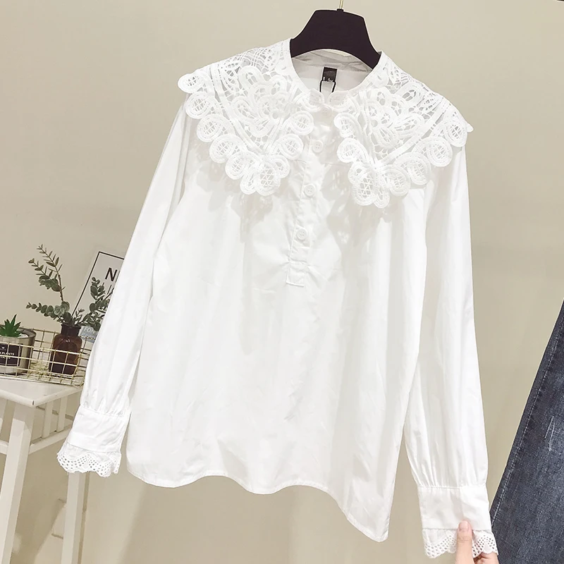 2019 новые летние кружево для женщин Блузка Твердые Леди Свободные Леди белые рубашки модные износоустойчивые кардиганы