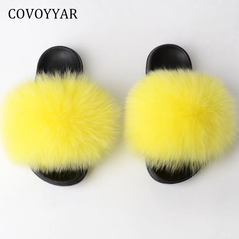 

COVOYYAR Hot Furry Women Slippers 2018 Summer Sweet Fluffy Fox Fur Women Sandals Slides Slip On Soft Flat Beach Shoes WSL572