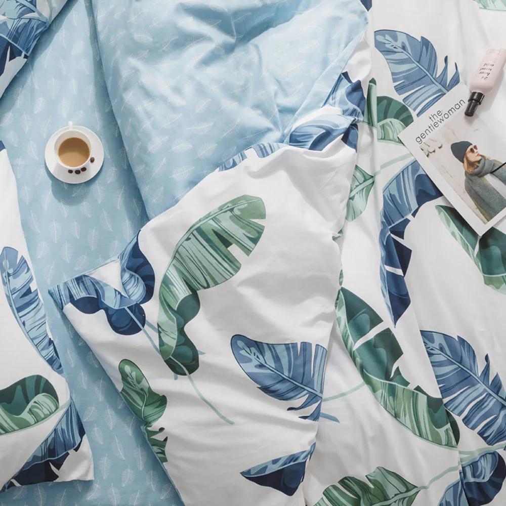 2018 الأزرق الأخضر يترك طباعة Bedlinens Ru أوروبا مزدوجة الملكة حجم غطاء لحاف مجموعة القطن النسيج غطاء السرير سادات