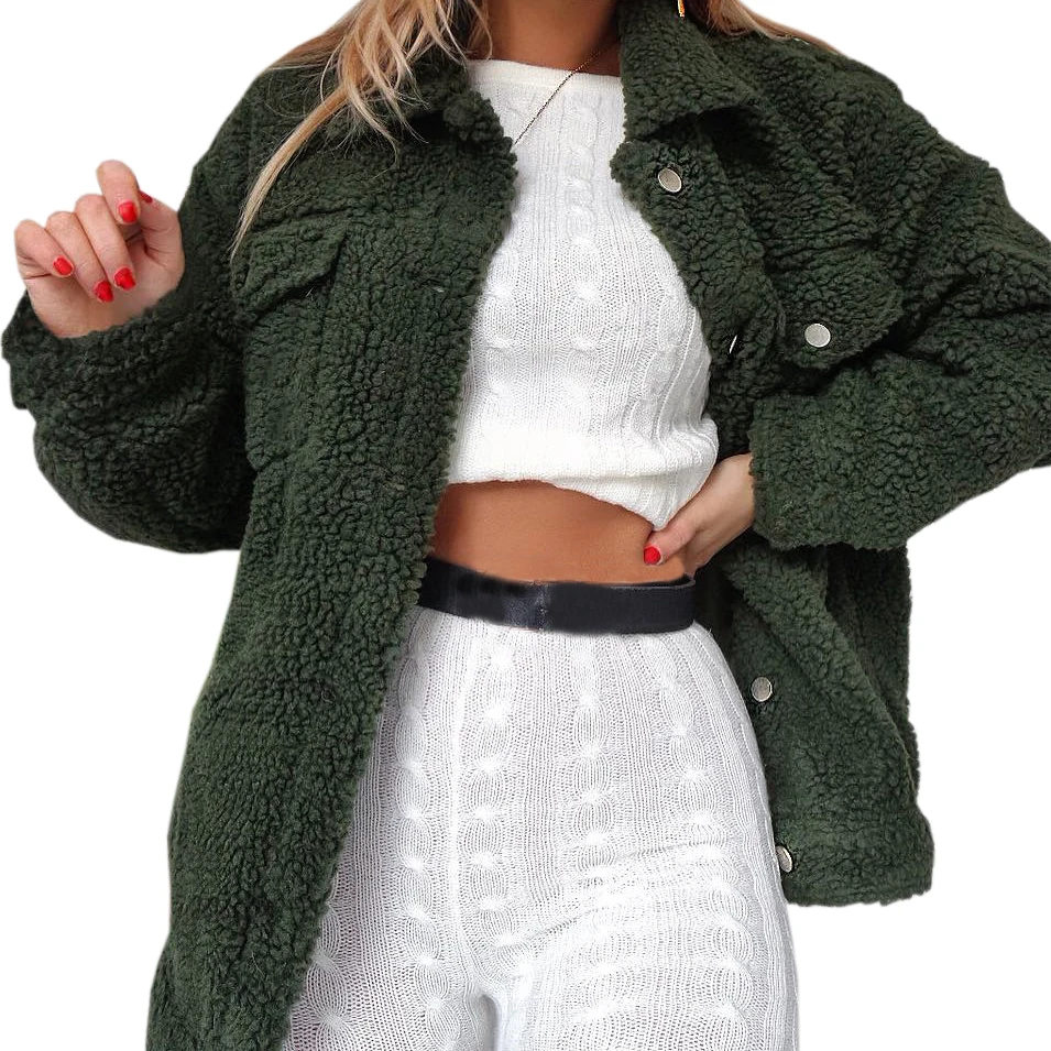 

Buttons Female Jacket Women Wool Coats Single-breasted Pockets Thick Warm Winter Woolen Blends Khaki Teddy Coat Plus Size M0134