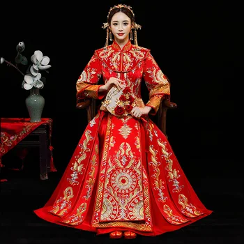 

2019 New Fashion Noble Retro Chinese Women Bride cheongsam Dress Long Wedding Red Qipao Delicate Embroidery cheongsam Size S-XXL