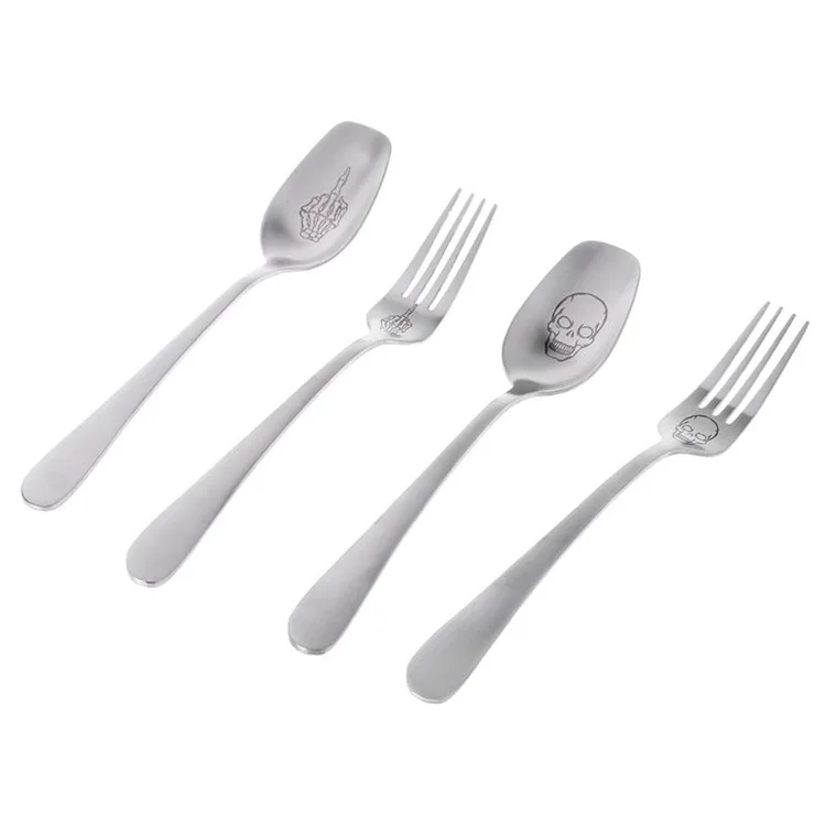 

Skeleton Skull Printed Spoon Forks 304 Stainless Steel Brushed Western Flatware Creative Cooking Accessories Kitchen Gadgets