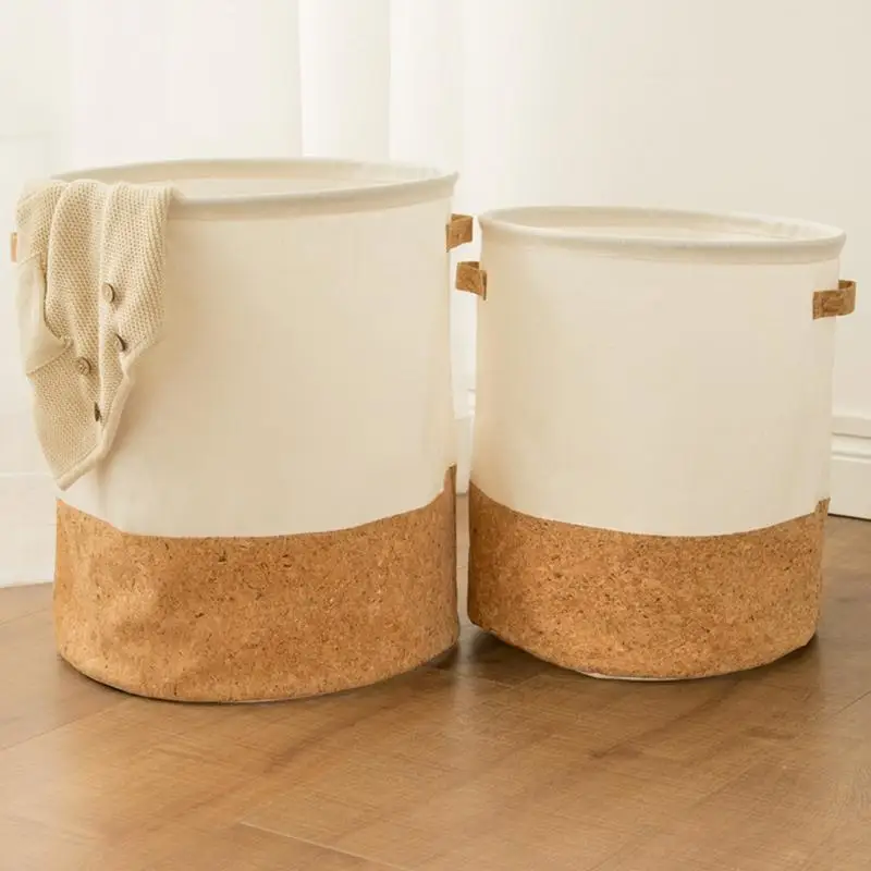 

Cotton Linen Storage Bucket Cork Stitching Hamper Fabric Waterproof Clothing Portable Laundry Basket
