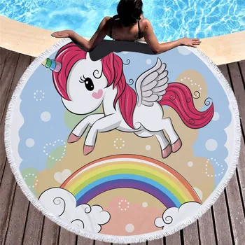 

Cute cartoon rainbow Unicorn animal Printed Microfiber Large Round Beach Towel Microfiber Thick Terry Cloth soft Tassels Beach