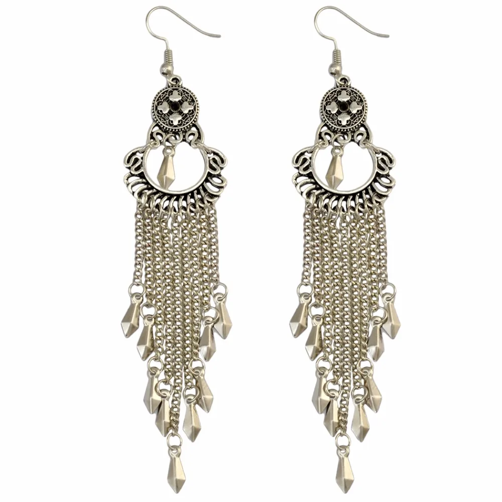 Gypsy Antique Silver Long Chain Tassels Earrings Bohemian Style Fashion