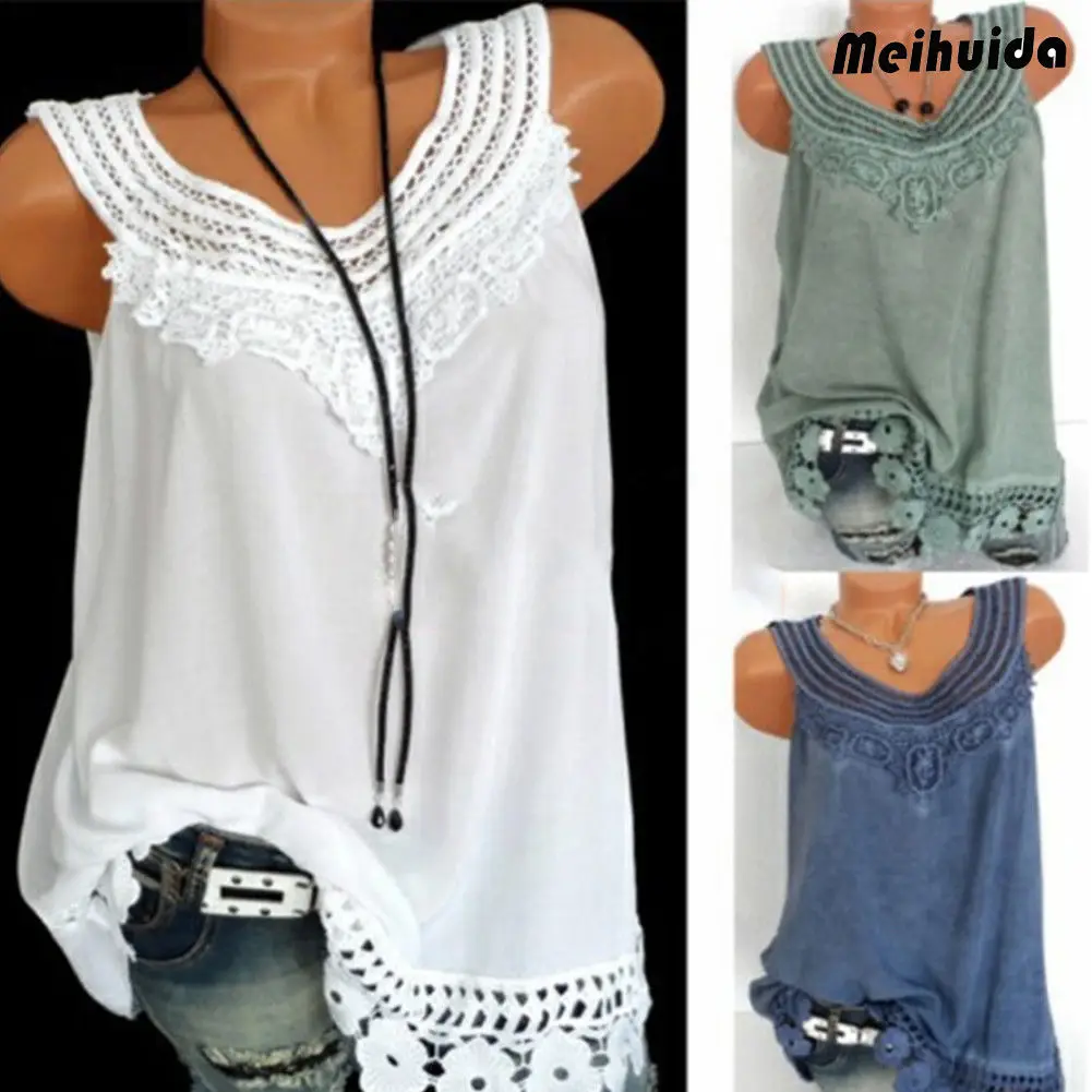 Fashion Women Summer Loose Sleeveless Lace Tank Tops Casual Plus size S