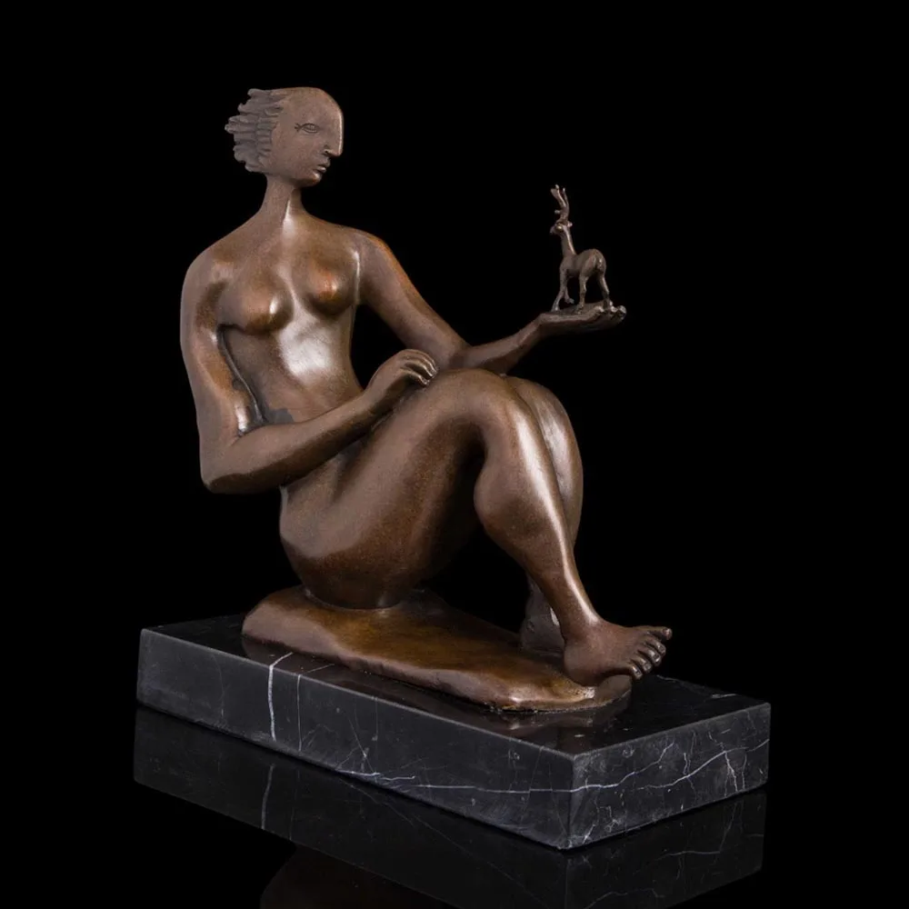 

ATLIE BRONZE Naked Sculpture Woman with Deer in Hand Abstract Figurine Female Statue Bronze Bedroom Decoration Gift