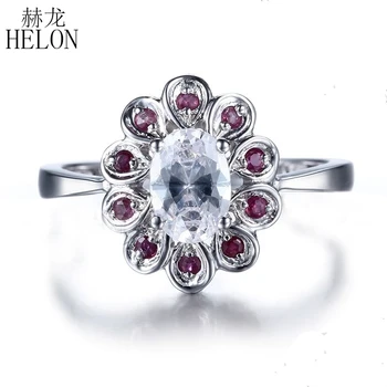 

HELON Solid 10k White Gold Oval Certified 0.44CT Natural White Topaz Ruby Engagement Wedding Ring Trendy exquisite Women Jewelry