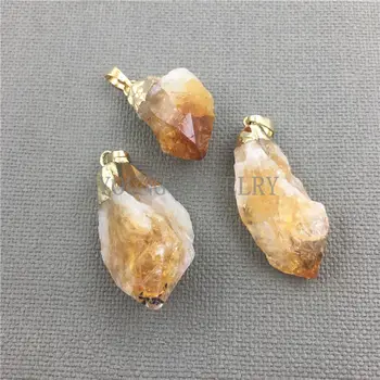 

MY0449 Free Form Yellow Crystal Quartz Nugget Point with Bail,Water Drop Citrines Pure Gold Color Cap Necklace Pendant