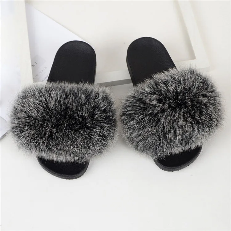 Women Fox Fur Slippers Real Fox Fur Slides Lovely Plush Slippers Woman Summer Home Sandals Women Fur Slides Furry Flip Flops Hot