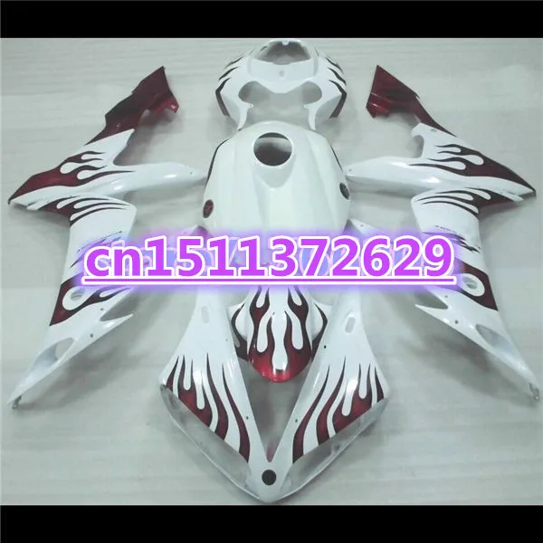 100% подходит обтекатель для YZF R1 04 05 06 YZF-R1 04-06 YZF1000 красное пламя в белом 2004 2005 2006