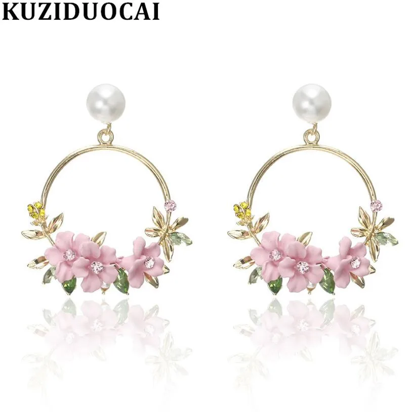 

Kuziduocai New Fashion Jewelry Pearl Soft Pottery Flower Circle Statement Drop Earrings For Women Girl Brincos Pendientes E-67