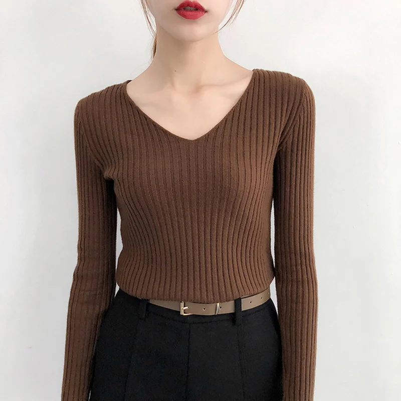 V Neck Sweater Women Autumn Winter New In Basic Bottoming Tight-fitting ...